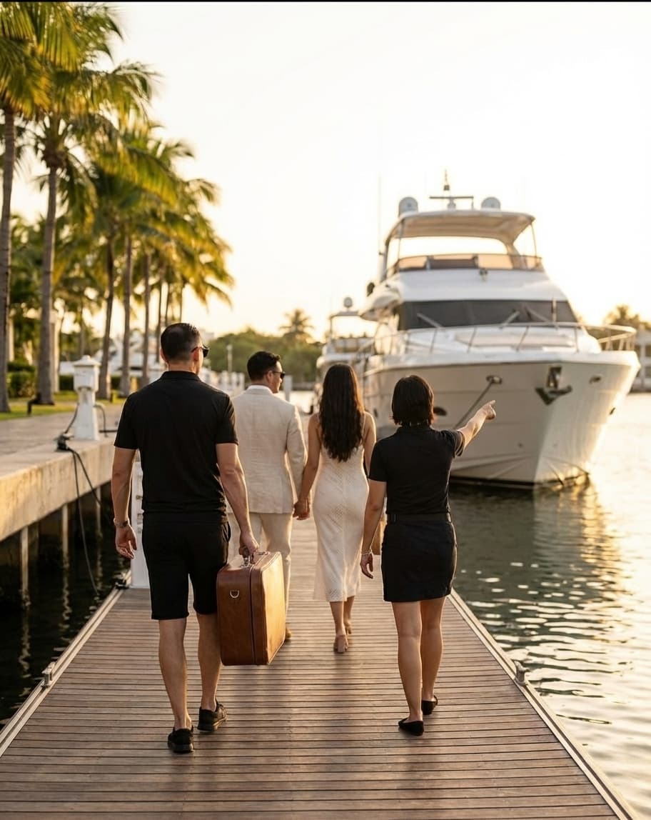 Colibri Concierge hosts guiding guests to a luxury yacht